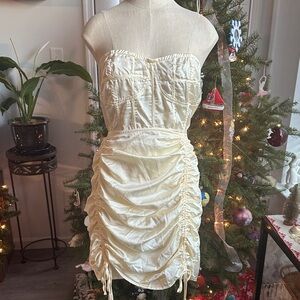 PrettyLittleThing Strapless Cream Ruched Corset Top and Skirt